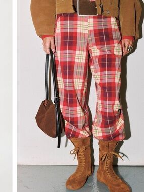 Free People Wine Combo Lantern Plaid Straight-Leg Pants